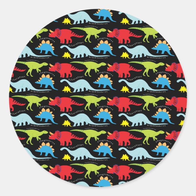 Dinosaur Designs Blue Red Green on Black Classic Round Sticker (Front)