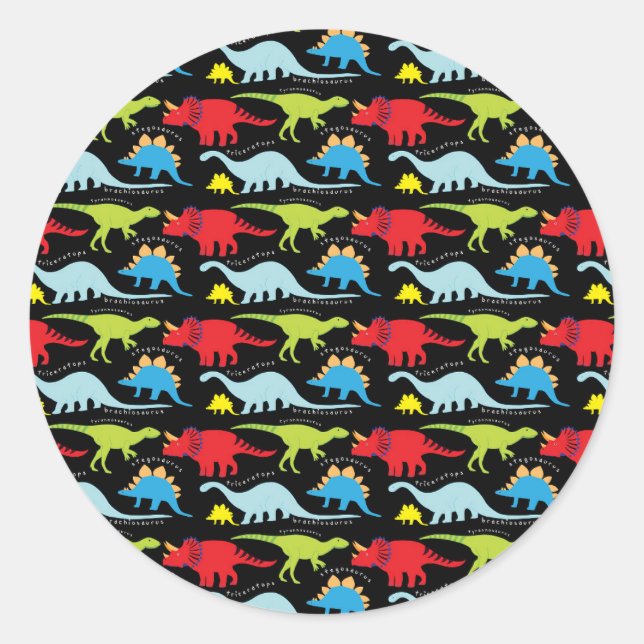 Dinosaur Designs Blue Red Green on Black Classic Round Sticker (Front)
