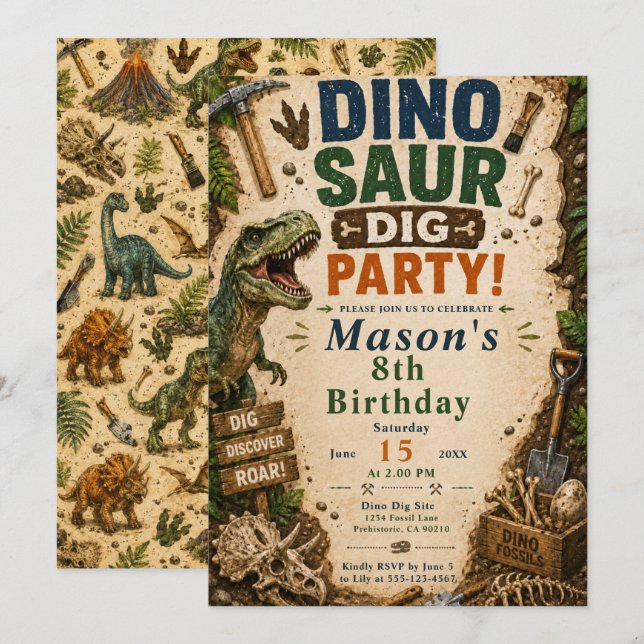Dinosaur Dig Birthday Invitation (Front/Back)