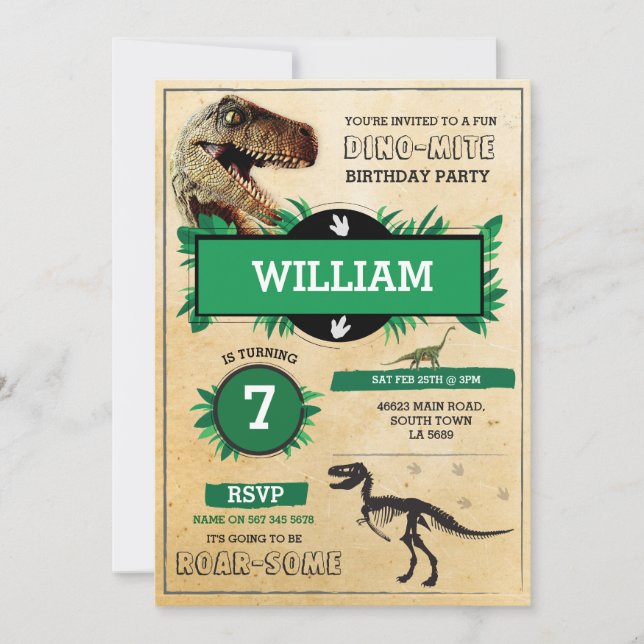 Dinosaur Dig Birthday Party T-Rex Dino Invite (Front)