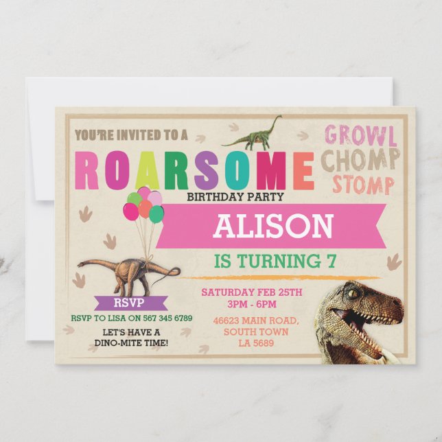 Dinosaur Dig Birthday Party T-Rex Dino Pink Invite (Front)
