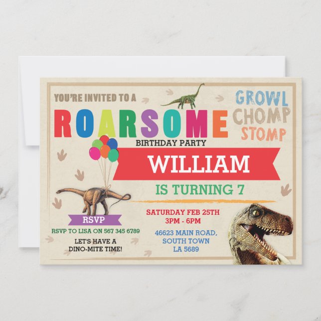 Dinosaur Dig Birthday Party T-Rex Dino Red Invite (Front)