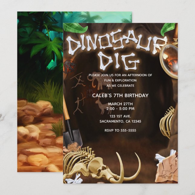DINOSAUR DIG Bones Mystery Cave Birthday Party Invitation (Front/Back)