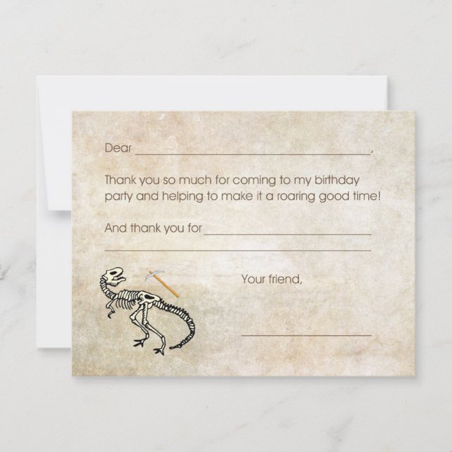 Dinosaur Dig Fossil Birthday Party Thank you note (Front)