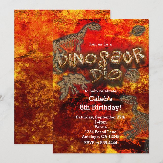 Dinosaur Dig Red Rock Fossils Birthday Invitations (Front/Back)