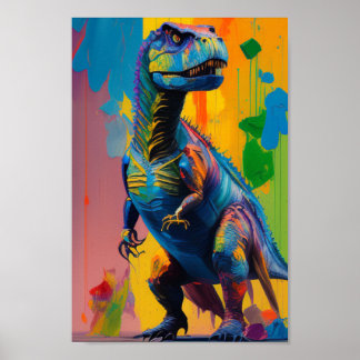 Dinosaur Digital Art: Bright & Vibrant T-Rex Post Poster