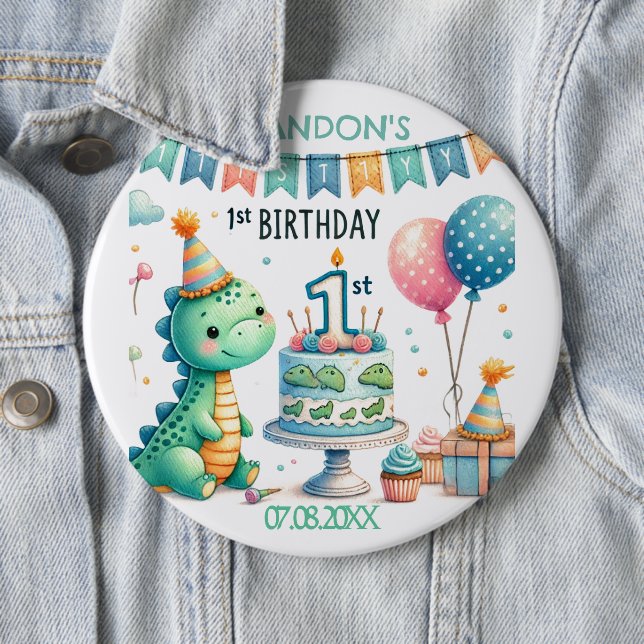 Dinosaur Dino 1st Birthday Party  6 Inch Round Button (In Situ)