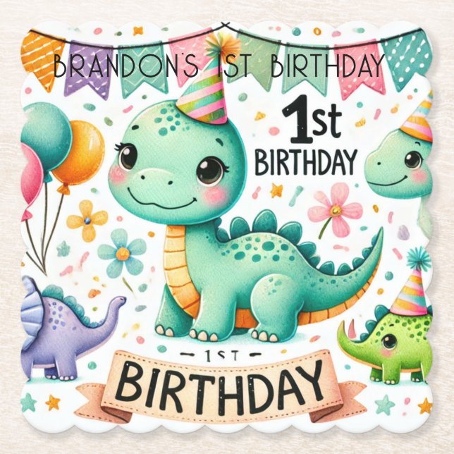 Dinosaur Dino 1st Birthday Party  Paper Coaster (Front)