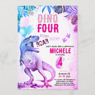 Dinosaur Dino Four girl invitation 5x7