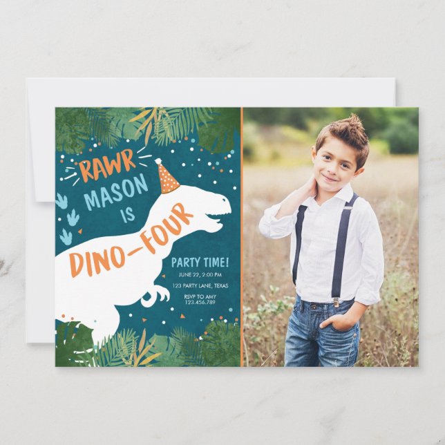 Dinosaur Dino-Four RAWR 4th Fourth Birthday Invitation (Front)