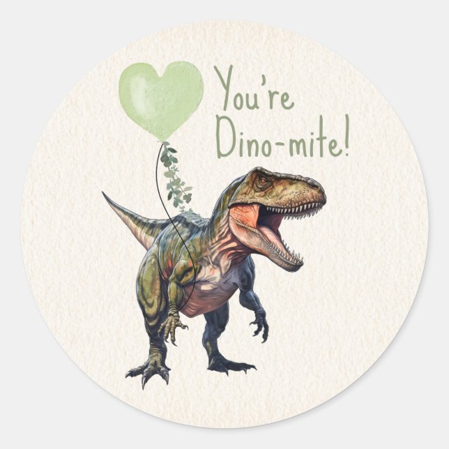 Dinosaur Dino-mite Green Classroom Valentine  Classic Round Sticker (Front)