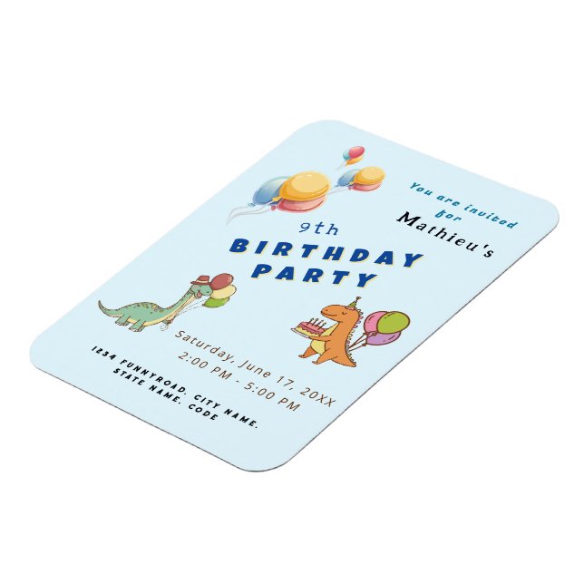 Dinosaur dino party kids birthday blue funny magnet (Left Side)