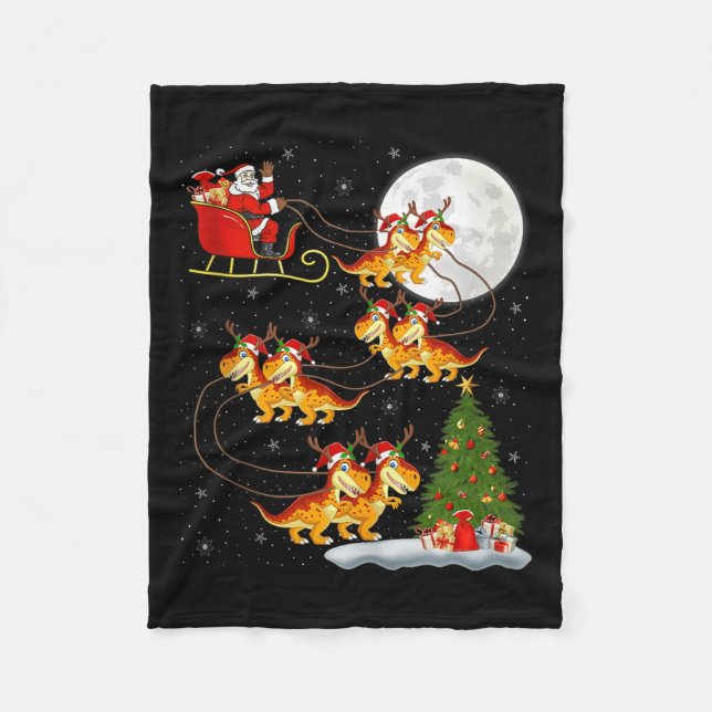Dinosaur Dino Santa Sleigh Flying Funny Magical Ch Fleece Blanket (Front)
