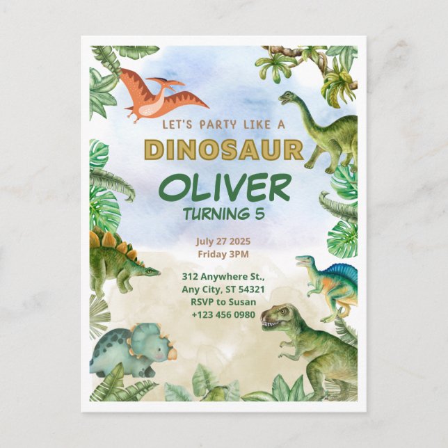 Dinosaur Dino T-rex Birthday Invitations Postcards (Front)
