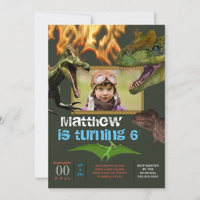 Dinosaur DIY photo boys theme party flames Invitation (Front)