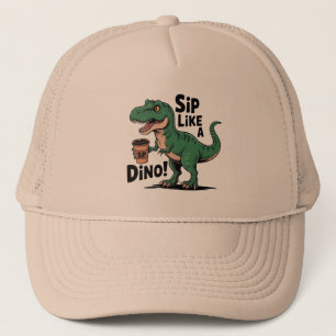 dinosaur drinking coffee  trucker hat