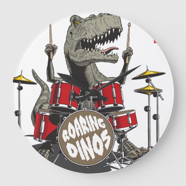 Dinosaur Drums Playing Vintage Illustration Large Clock (Front)