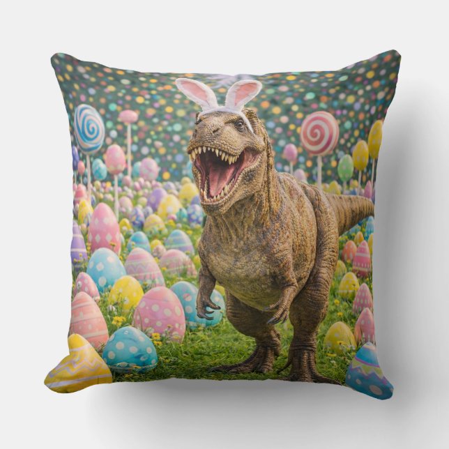 Dinosaur Easter Bunny Throw Pillow (Front)