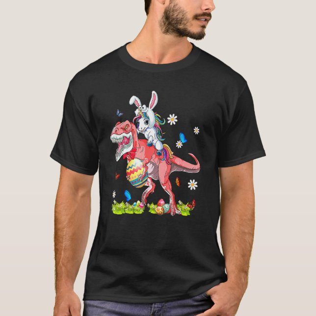 Dinosaur Easter Day Unicorn Riding T Rex Bunny Cos T-Shirt (Front)