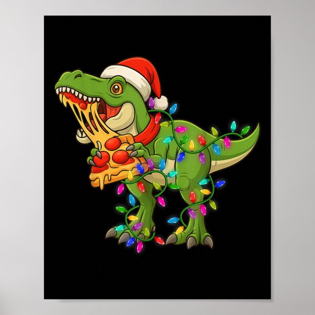 Dinosaur Eating Zza Santa Claus T-rex Funny Christ Poster (Front)