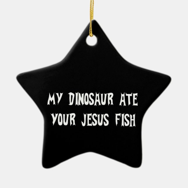 Dinosaur Eats Jesus Fish Ceramic Ornament (Front)
