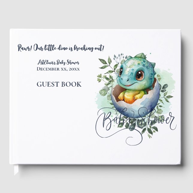 Dinosaur Egg Cute Watercolor Leaves Baby Shower Guest Book (Front)