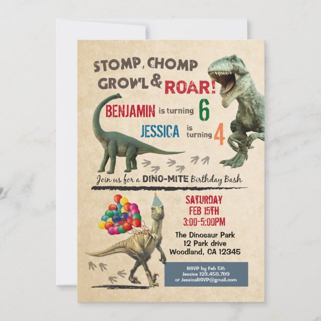 Dinosaur enfant invitation d'anniversaire 2 noms (Devant)