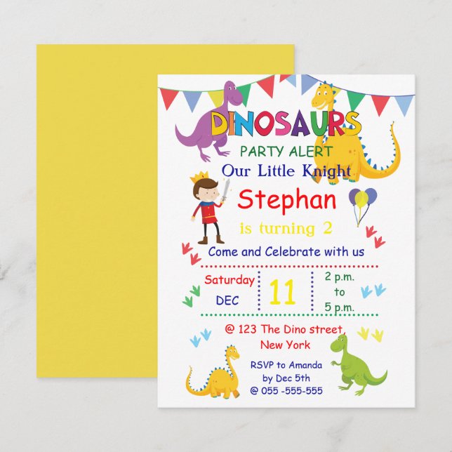 Dinosaur et Chevalier Anniversaire Invitations (Devant / Derrière)