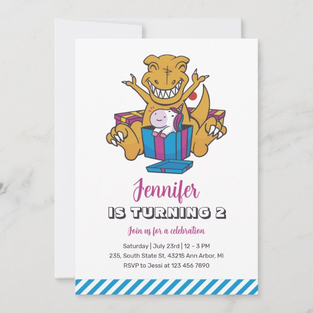 Dinosaur et Unicorn Girls Invitation d'anniversair (Devant)