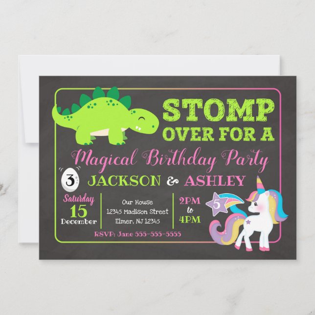 Dinosaur et Unicorn Invitation conjointe à l'anniv (Devant)