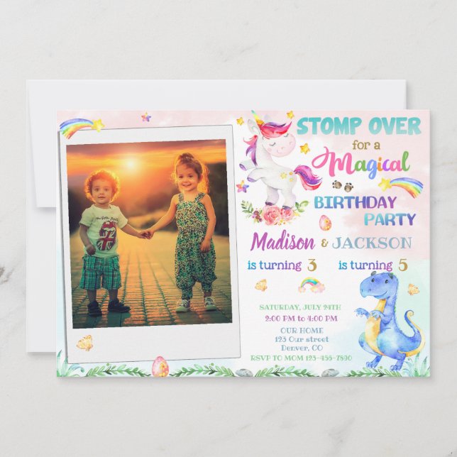Dinosaur et Unicorne invitation pour deux annivers (Devant)