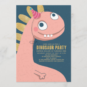 Dinosaur Faux Gold Pink Fun Cute Girl Kids Invitation