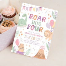 Dinosaur Fille Invitation de 4e anniversaire. Bébé