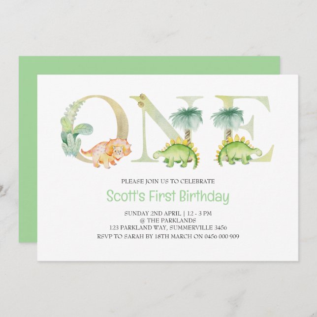 Dinosaur First Birthday Invitation (Front/Back)