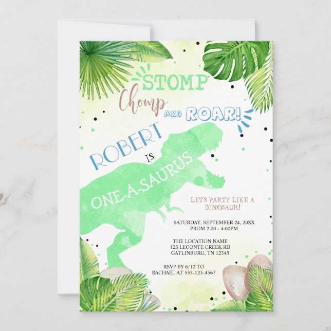 Dinosaur First Birthday Invitation boy (Front)