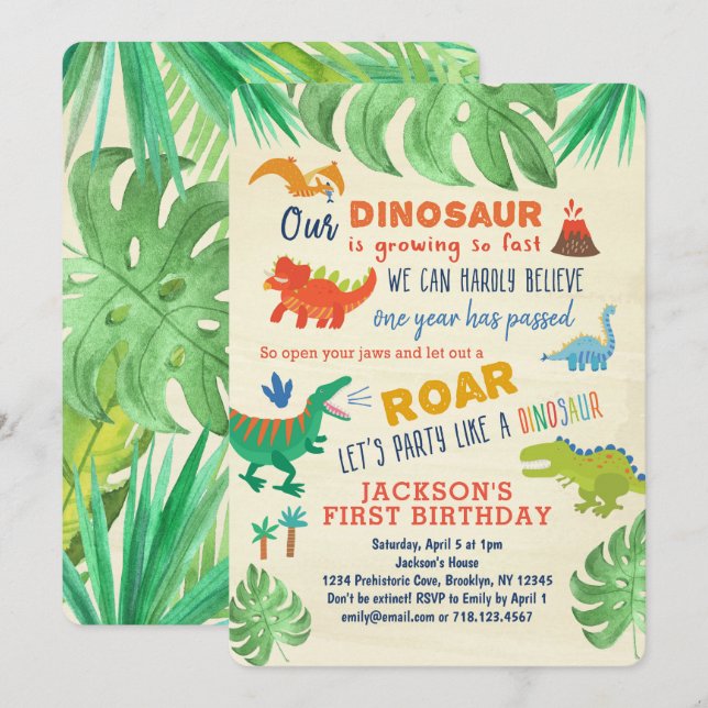 Dinosaur First Birthday Invitations Dinosaur Party (Front/Back)