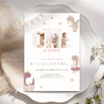 Dinosaur First Birthday Photo Invitation Girl