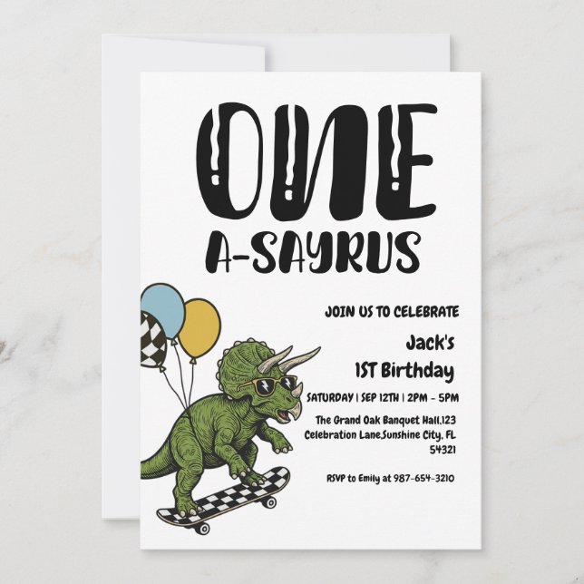 Dinosaur First Birthday, Skateboard Dinos 1 st  Invitation (Front)
