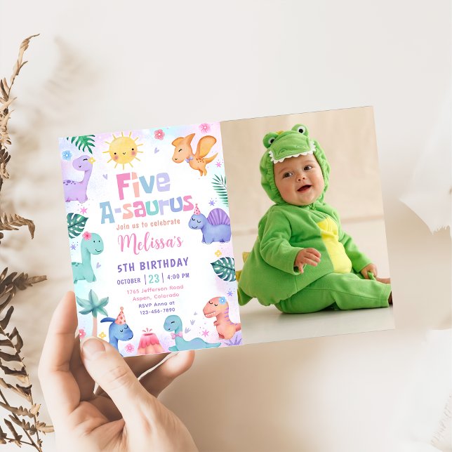 Dinosaur Five-A-Saurus 5th Birthday Photo Invitation (Creator Uploaded)