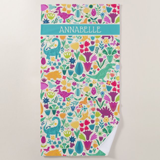 Dinosaur Floral Folk Silhouettes Beautiful Girls Beach Towel (Front)