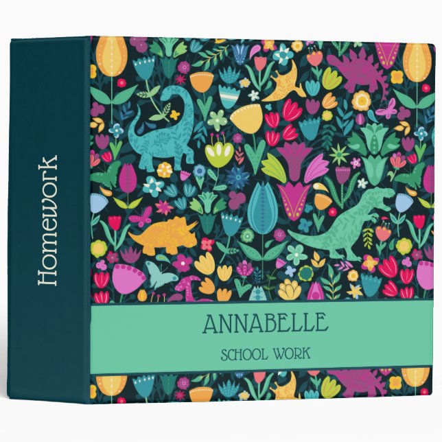Dinosaur Floral Folk Silhouettes Beautiful Girls Binder (Front/Spine)