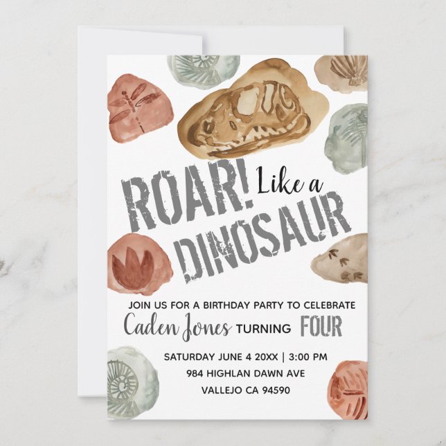 Dinosaur fossil kid birthday party invitation (Front)