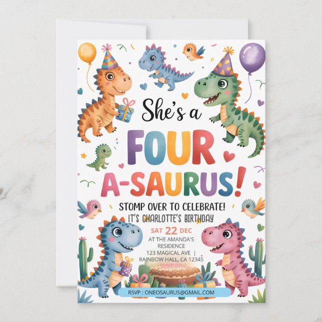 Dinosaur Four A-Saurus 4th Birthday Party T-Rex Invitation (Front)