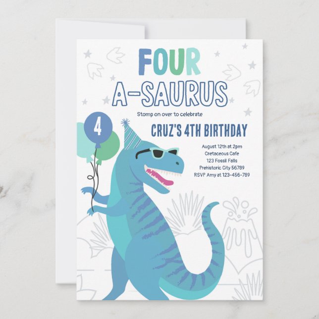 Dinosaur Four A-Saurus 4th Birthday Party T-Rex  Invitation (Front)