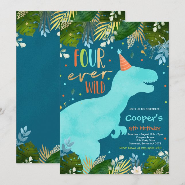 Dinosaur Four Ever Wild Boy Dinosaur 4th Birthday Invitation (Front/Back)