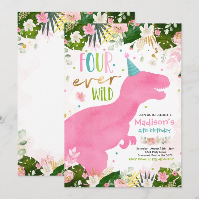 Dinosaur Four Ever Wild Party Dinosaur Birthday Invitation (Front/Back)