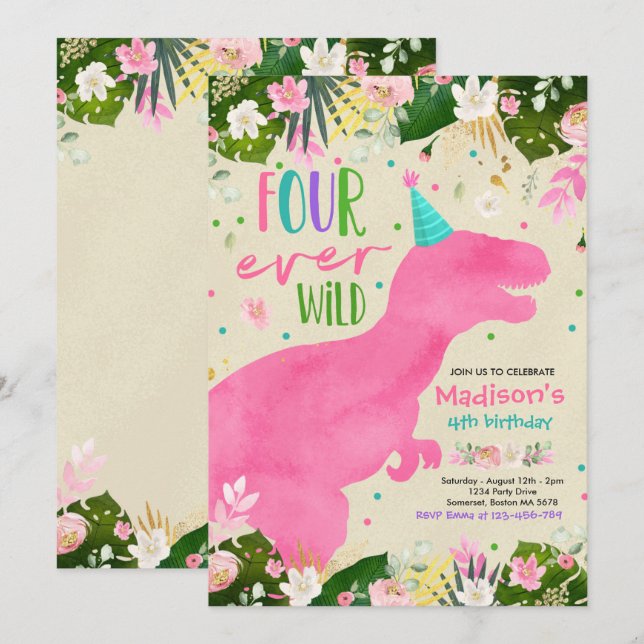 Dinosaur Four Ever Wild Party Dinosaur Birthday Invitation (Front/Back)