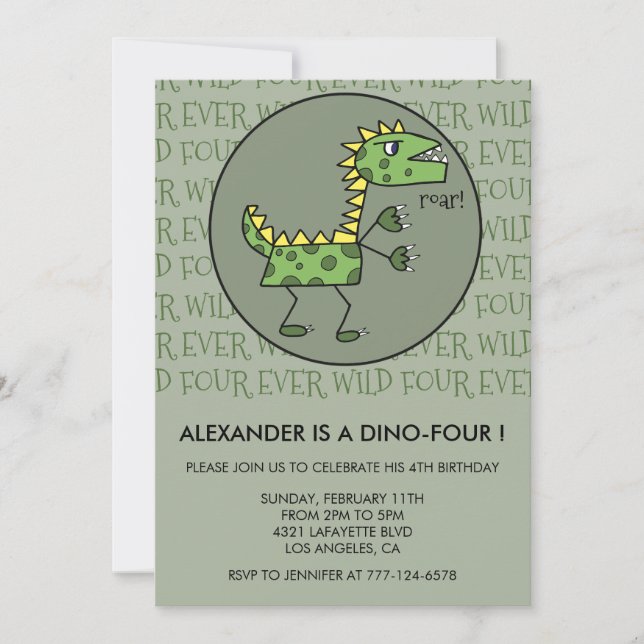 Dinosaur fourth birthday invitations T rex boy (Front)