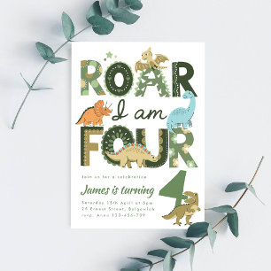 Dinosaur Fourth Birthday Invite, Roar I'm Four Invitation