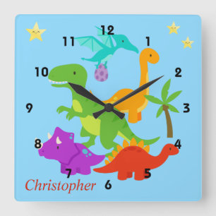 Dinosaur Fun Colourful Blue Square Wall Clock